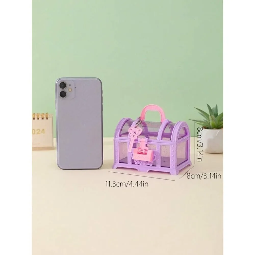 Purple Treasure Box & Key Girls Kids Organizer Plastic Jewelry Play Gift Cute